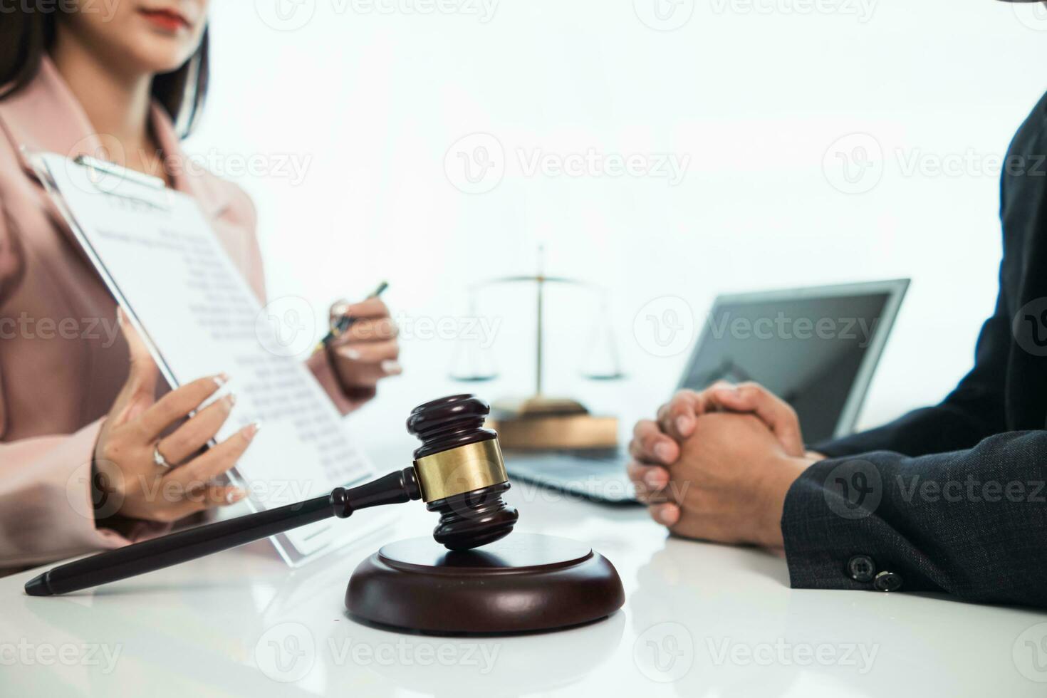 judge's gavel in law office is placed on table to symbolize judge deciding lawsuit. gavel wood on wooden table of lawyers in legal advice office as symbol of fair judgment in cases. photo