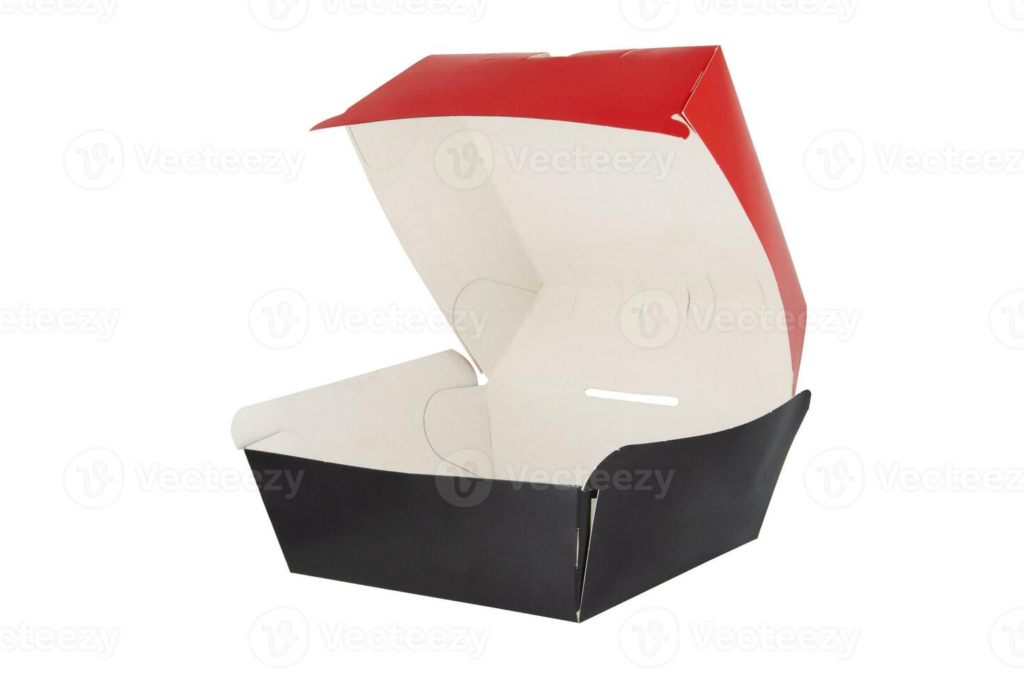 Blank open red and black craft burger box isolated on white background photo