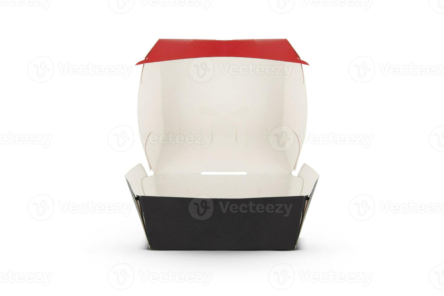 Blank open red and black craft burger box isolated on white background photo