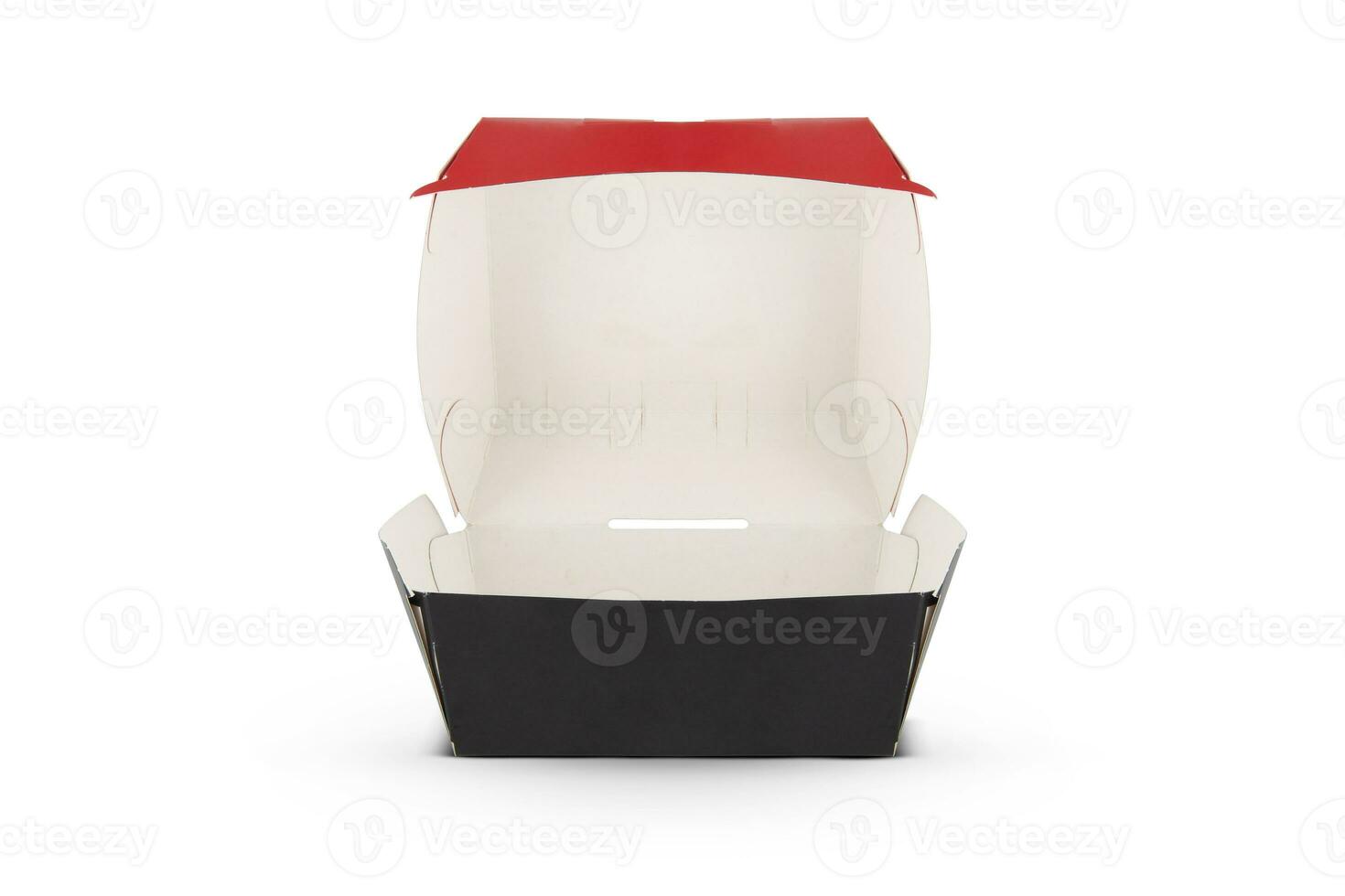 Blank open red and black craft burger box isolated on white background photo