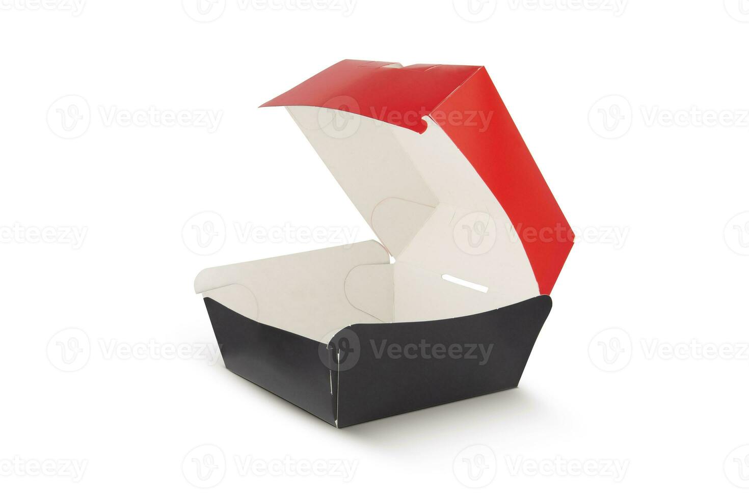 Blank open red and black craft burger box isolated on white background photo