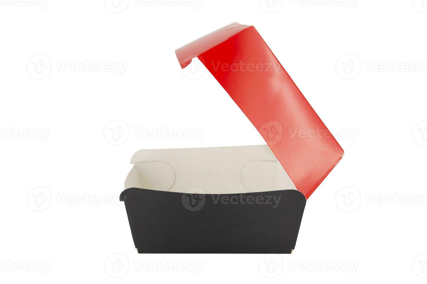 Blank open red and black craft burger box isolated on white background photo