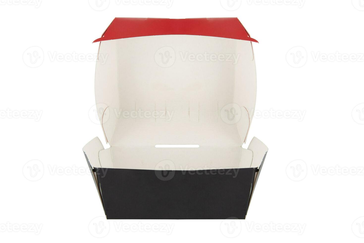 Blank open red and black craft burger box isolated on white background photo