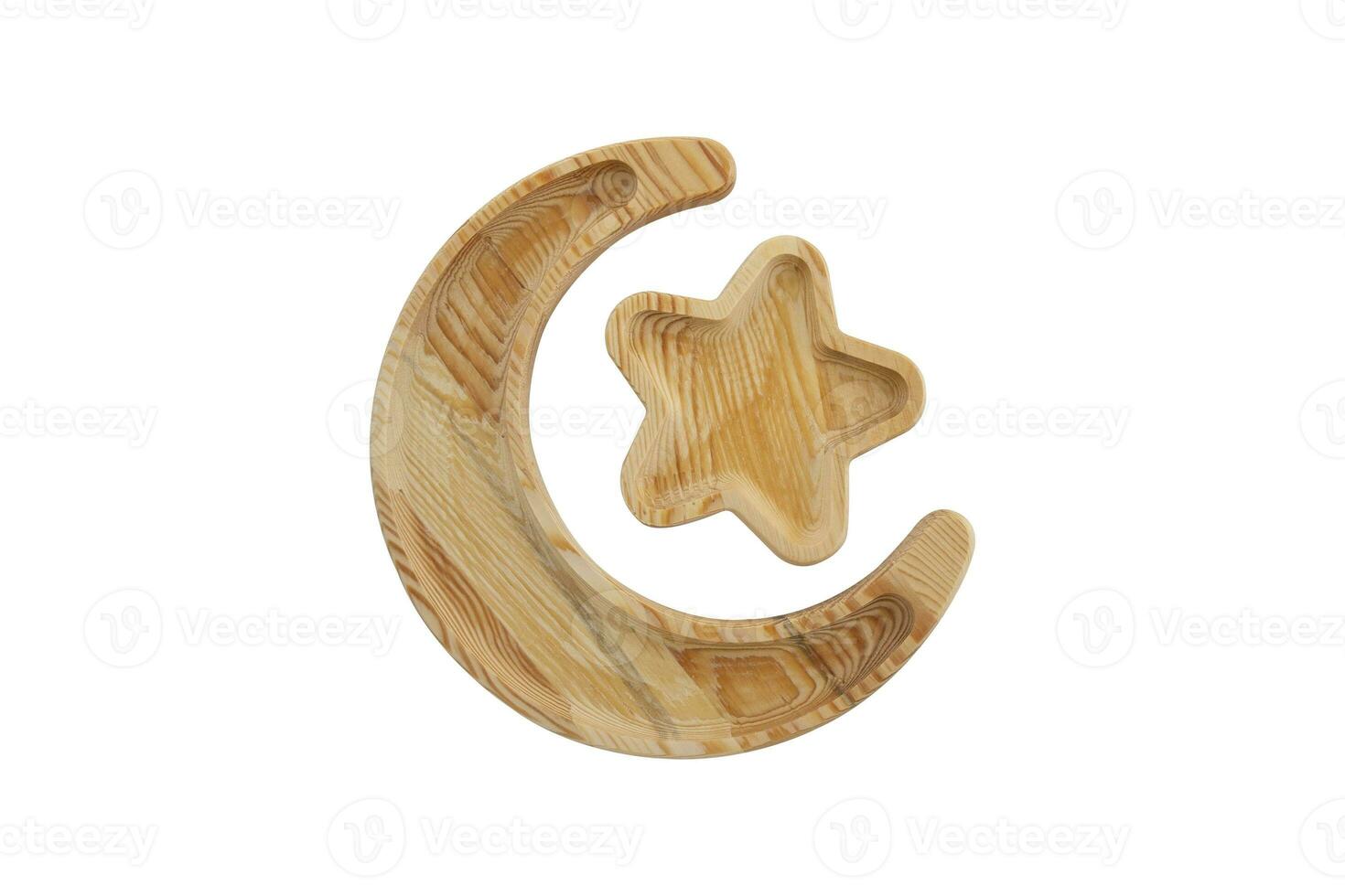 Wooden crescent ramadan moon - Hilal isolated on white background photo
