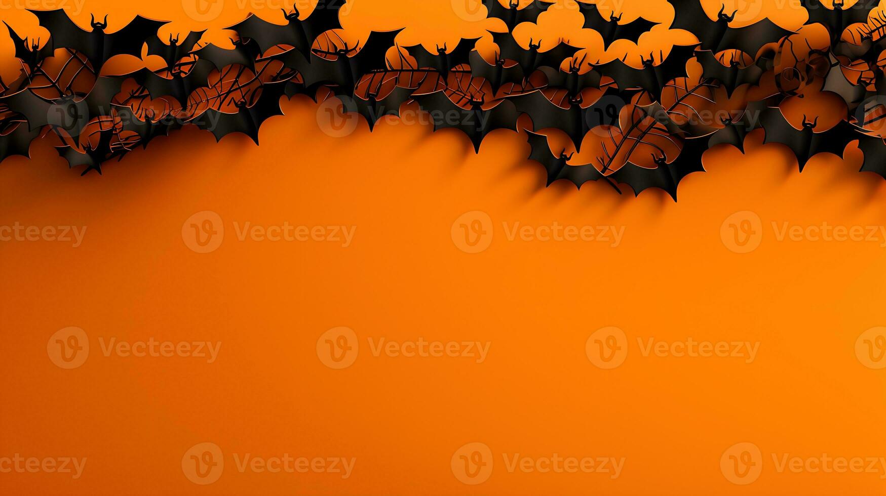 Halloween concept. Bats on orange background. Halloween party greeting card with place for text. Generative AI photo