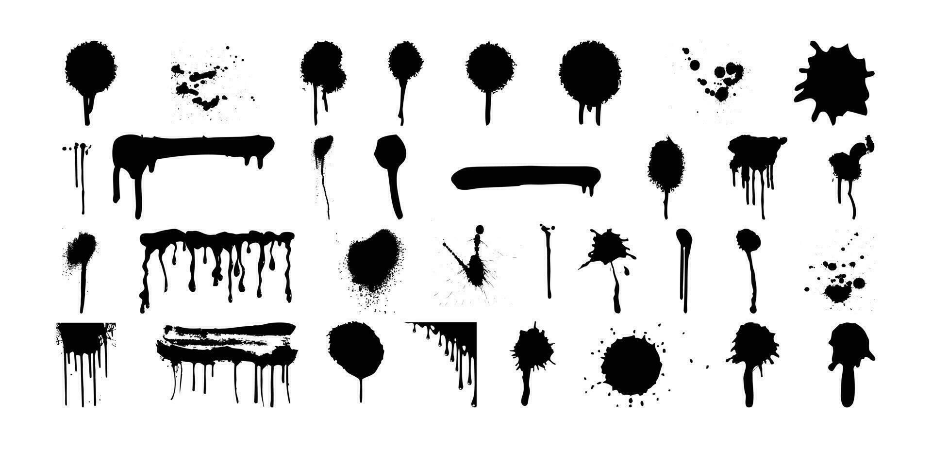 Grunge Design Elements, Ink Drops and Splashes. Blotter Spots, Liquid Paint Drip Drop Splash and Ink Splatter. Artistic Dirty Grunge Abstract Spot Vector Set.