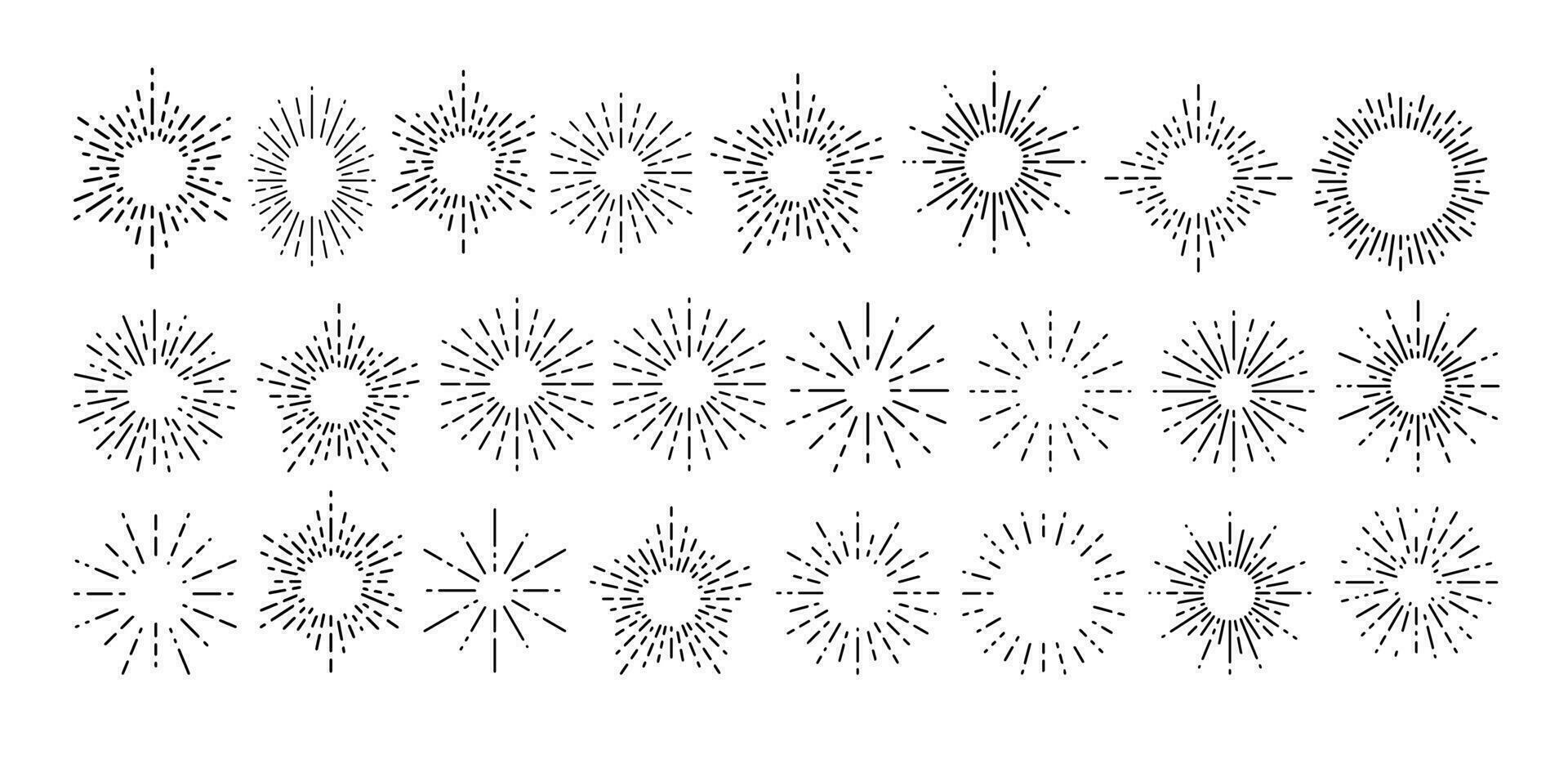 Big collection of trendy hand drawn retro sunburst or bursting rays design elements. Set of sunburst icon collection vector. vector