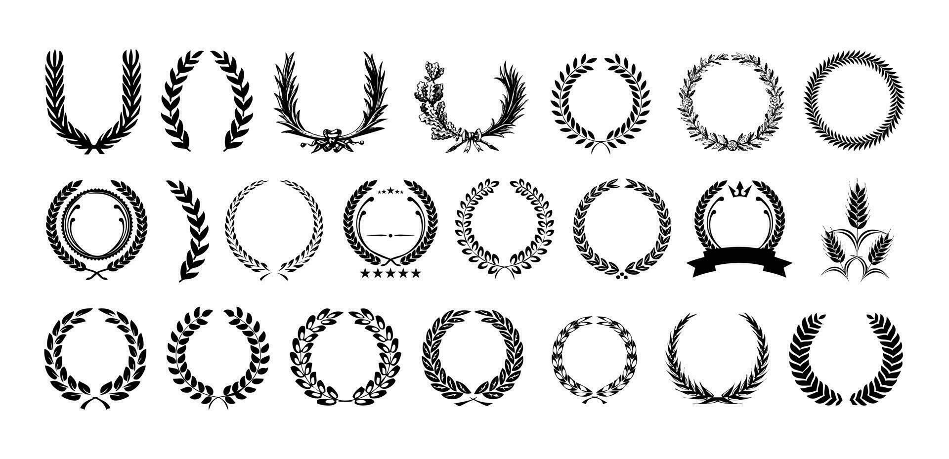 Set of Wreaths and Branches With Leaves. Hand Drawing Laurel Wreaths and Branches Collection. Laurel Wreaths, Swirls, Twigs and Flower Ornaments. Herbs, Flowers and Plants Design Elements. vector