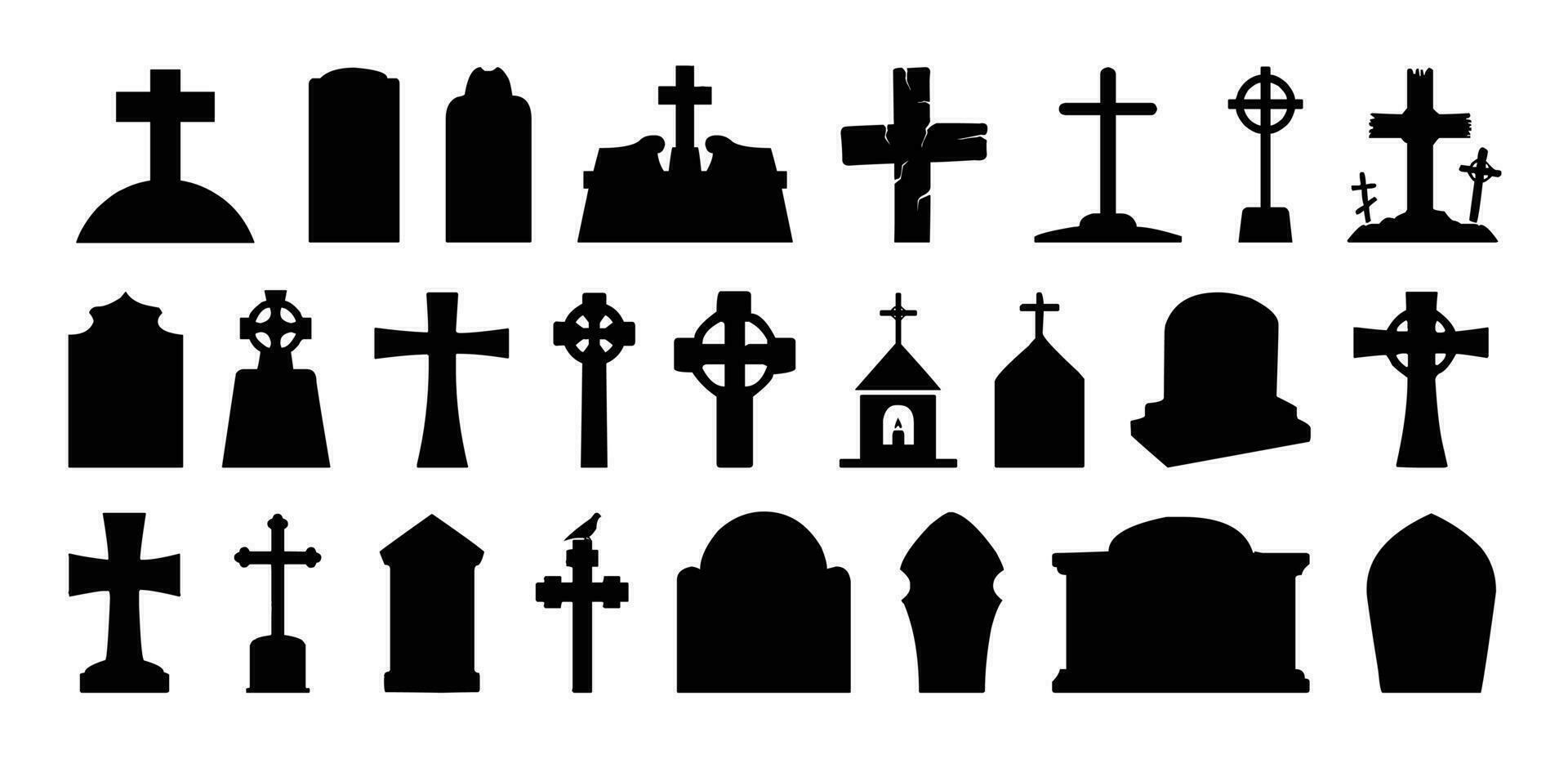 lápidas, lápidas, lápida sepulcral y cruces siluetas colocar. vector