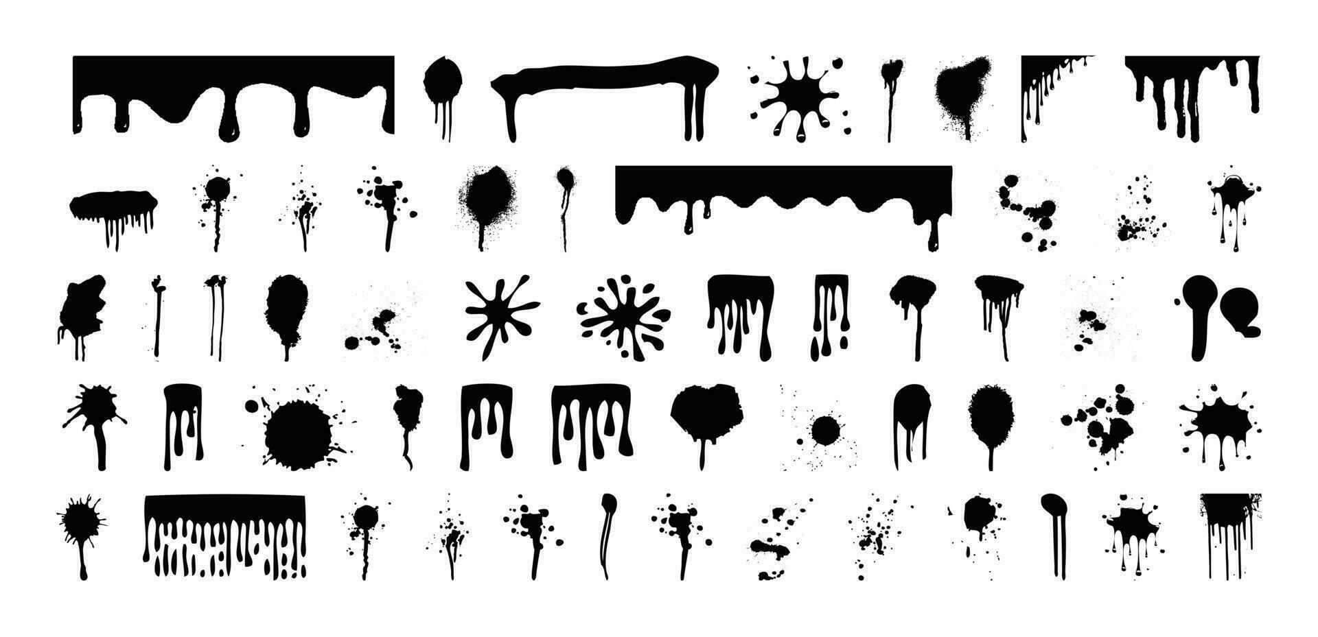 Grunge Design Elements, Ink Drops and Splashes. Blotter Spots, Liquid Paint Drip Drop Splash and Ink Splatter. Artistic Dirty Grunge Abstract Spot Vector Set.