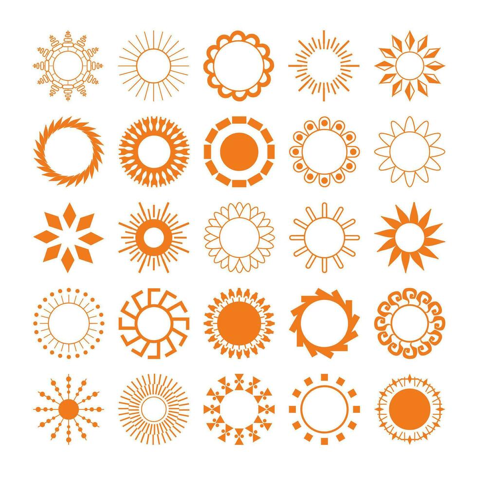 Vector set of sun and sunburst icons. Different types sun drawing collection. Summertime figure concept. Icons set.