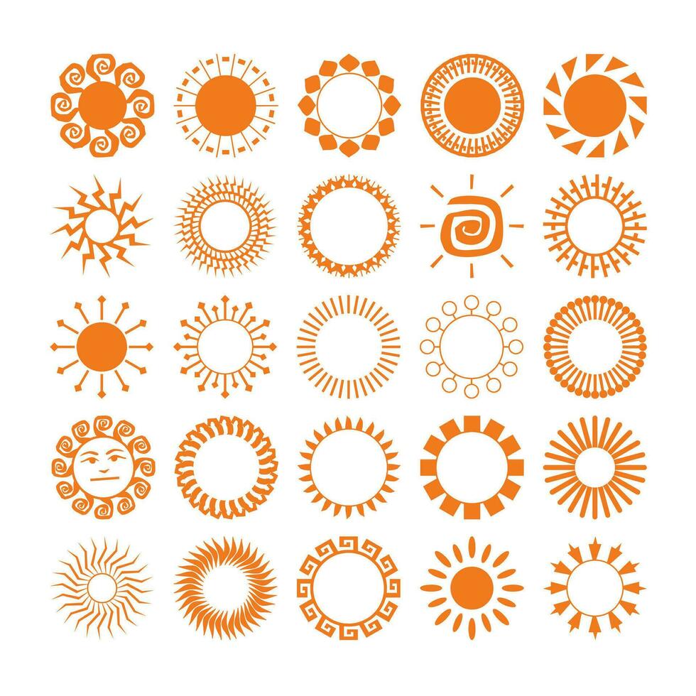 Vector set of sun and sunburst icons. Different types sun drawing collection. Summertime figure concept. Icons set.