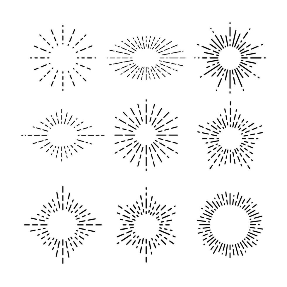 Collection of trendy hand drawn retro sunburst or bursting rays design elements. Set of sunburst icon collection vector. vector