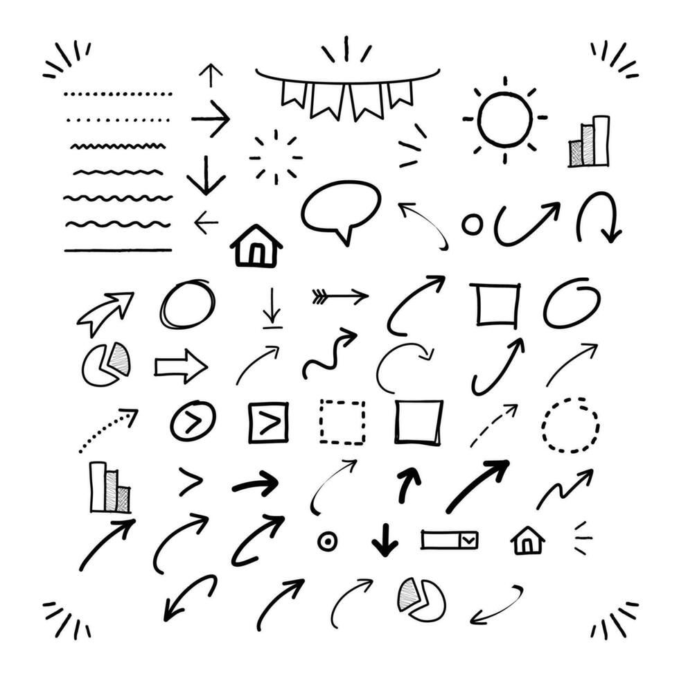 Hand Drawn Doodle Swash Black Line Set Includes Quote Bubbles, Circle, Square, Sun, Home, Arrow Sign, Star, and Sparkle Decoration Symbol Set Icon. Sketch Line Element. Vector Illustration