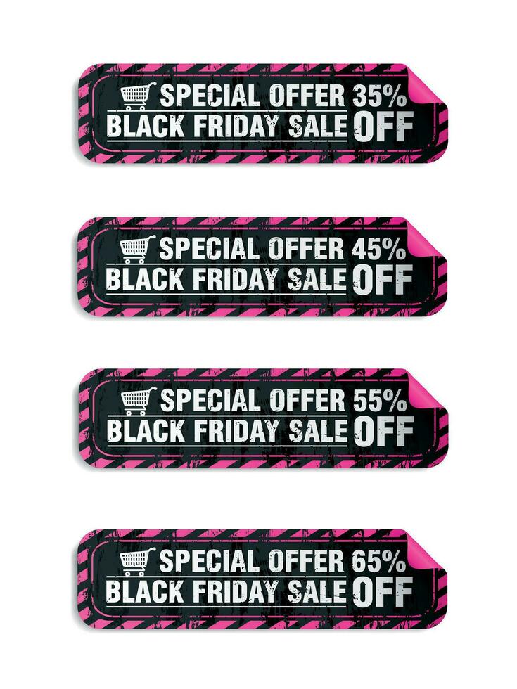 Black friday sale, long stickers set. Sale 35, 45, 55, 65 off discount vector