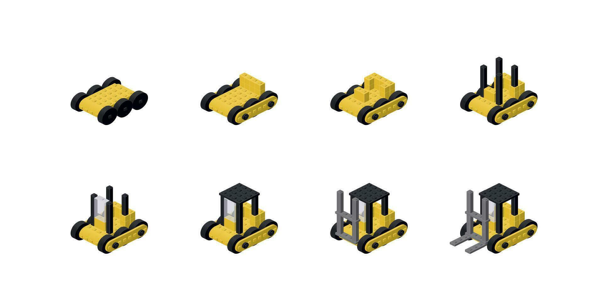 Step-by-step construction of a forklift from blocks. Vector