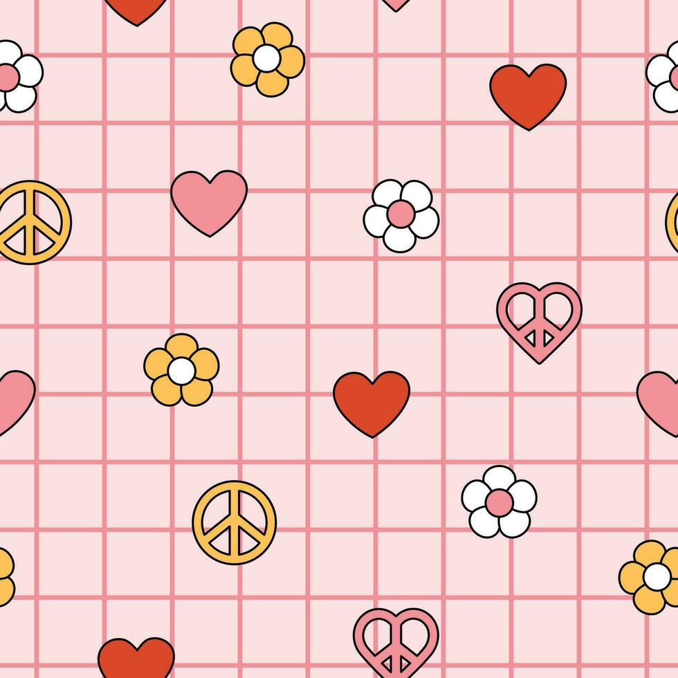 Seamless pattern of groovy hearts, flowers. Cartoon elements in trendy retro style for Valentine day design. vector