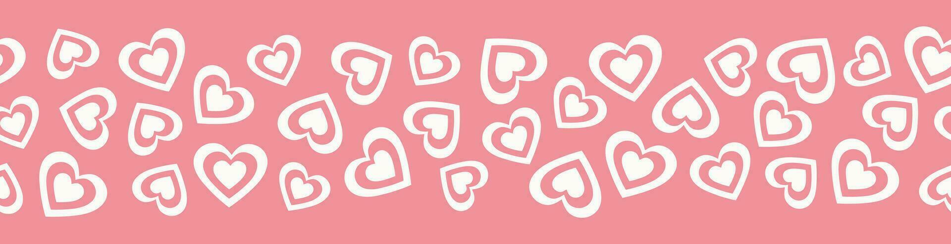 Seamless border of white hearts. Cartoon elements in trendy retro style on pink background vector