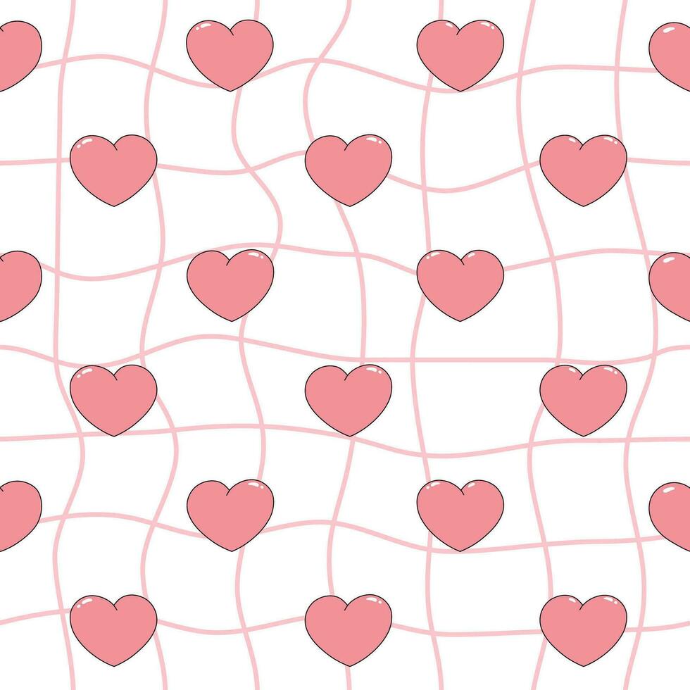 Seamless pattern of pink hearts. Cartoon elements in trendy retro style on pink and white mesh background vector