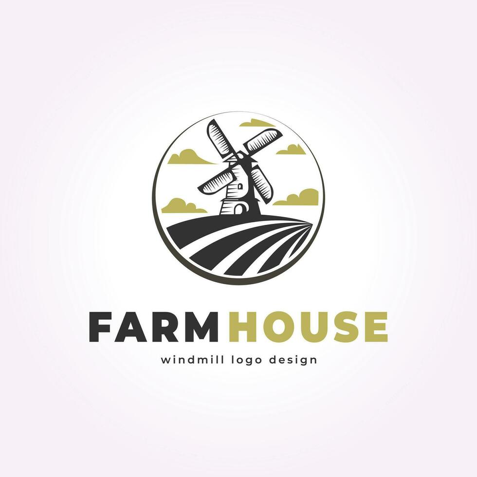 windmill emblem in field logo vector, farmhouse design icon illustration template with clouds vector