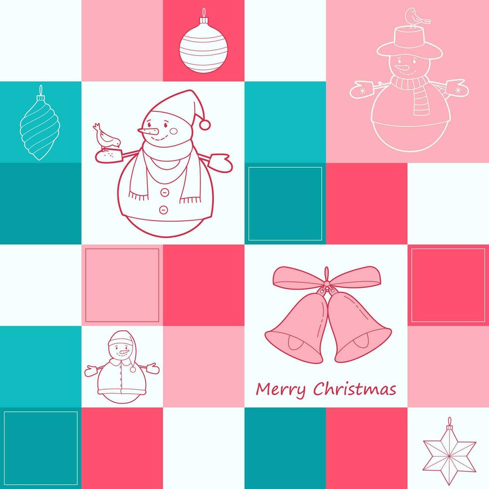 Geometric seamless pattern design for christmas and new year celebration. Snowmen and Christmas tree ornaments. vector