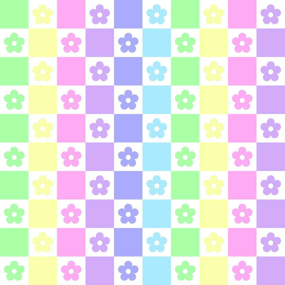 Pastel rainbow colors and flowers in a checkered pattern design for assembling tablecloths, wrapping paper, picnic mats, mats, cloth, textiles, scarves. vector