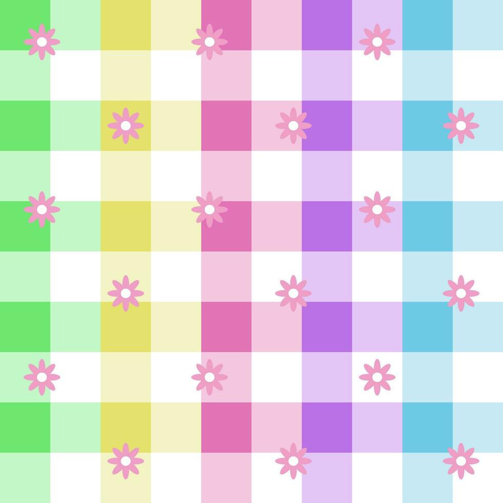 cute colorful flowers pastel plaid background gingham pattern background vector cartoon illustration tablecloth picnic mat wrapping paper mat cloth textile scarf