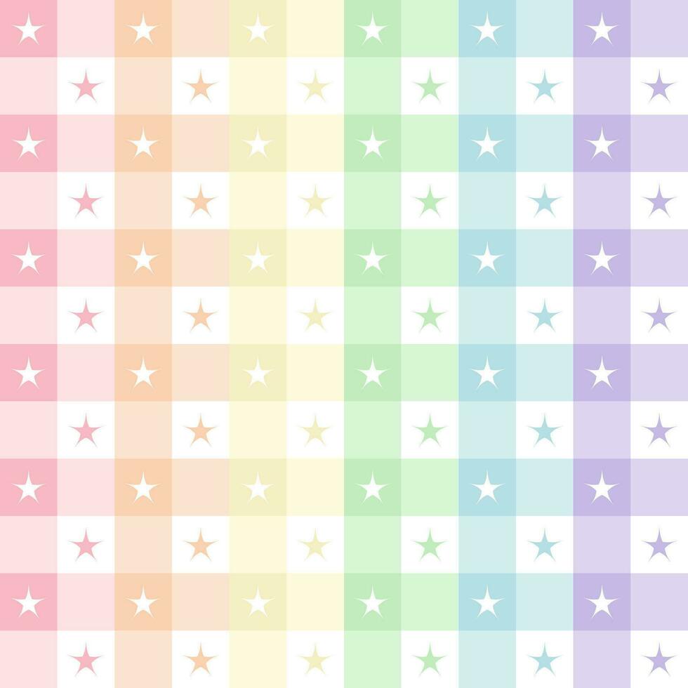 Abstract geometric vector pattern with star print in rainbow pastel colors, pink, orange, yellow, green, blue, purple. Seamless summer checkered pattern for gift paper, mat, fabric, textile.