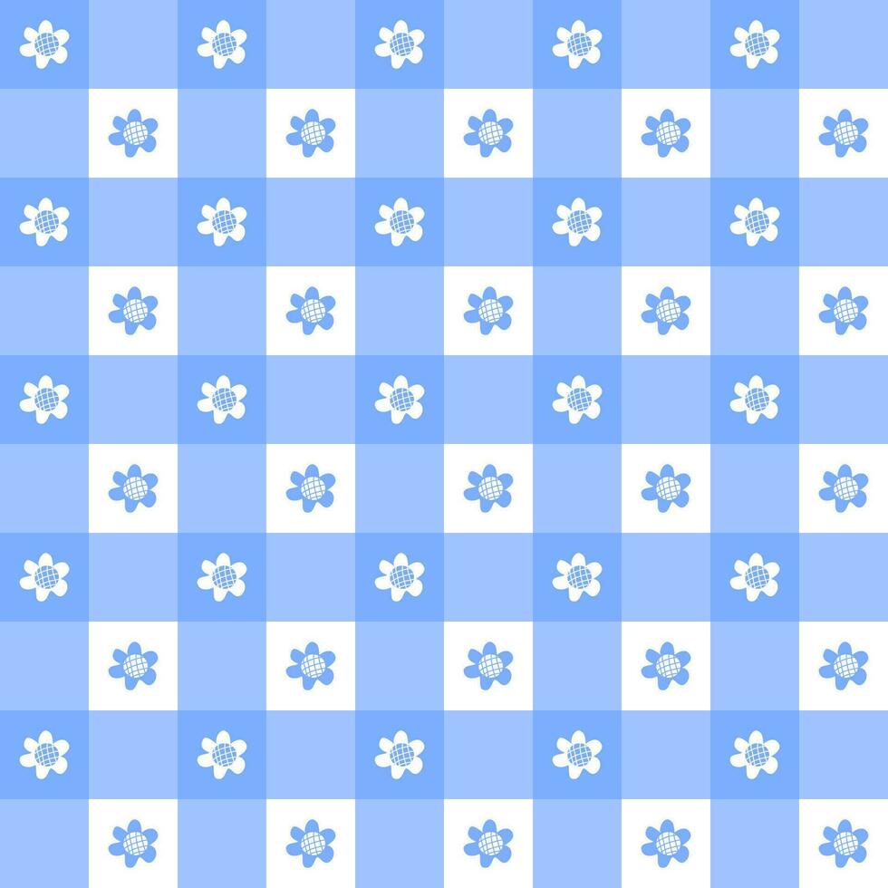 Cute daisies, pastel blue flowers, seamless checkered pattern. Vector cartoon illustration tablecloth, wrapping paper, picnic mat, mat, cloth, textile, scarf.