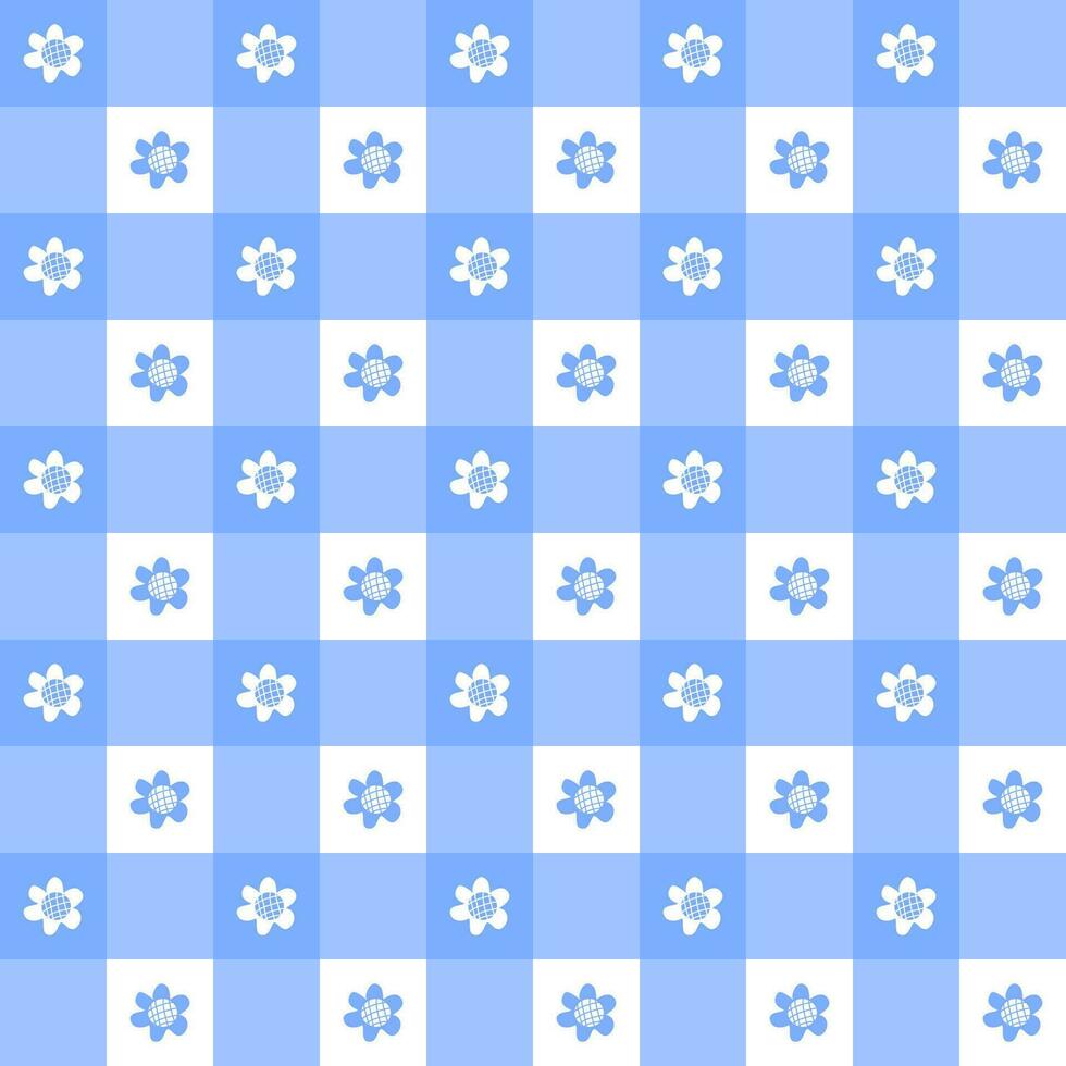 Cute daisies, pastel blue flowers, seamless checkered pattern. Vector cartoon illustration tablecloth, wrapping paper, picnic mat, mat, cloth, textile, scarf.