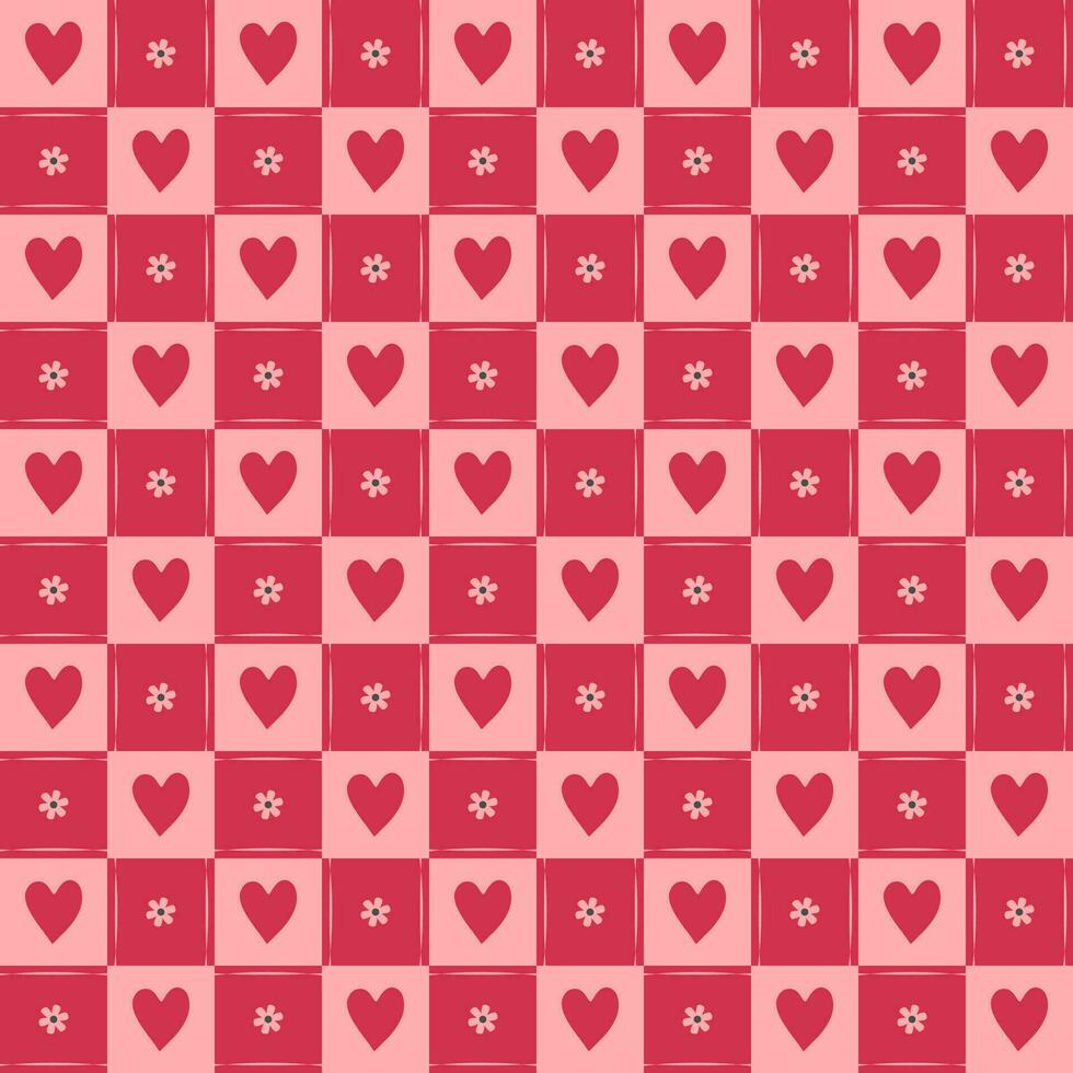 cute heart flower element Seamless red and pastel pink checkered pattern. Cartoon illustration, mat, cloth, textile, scarf, gift wrap vector