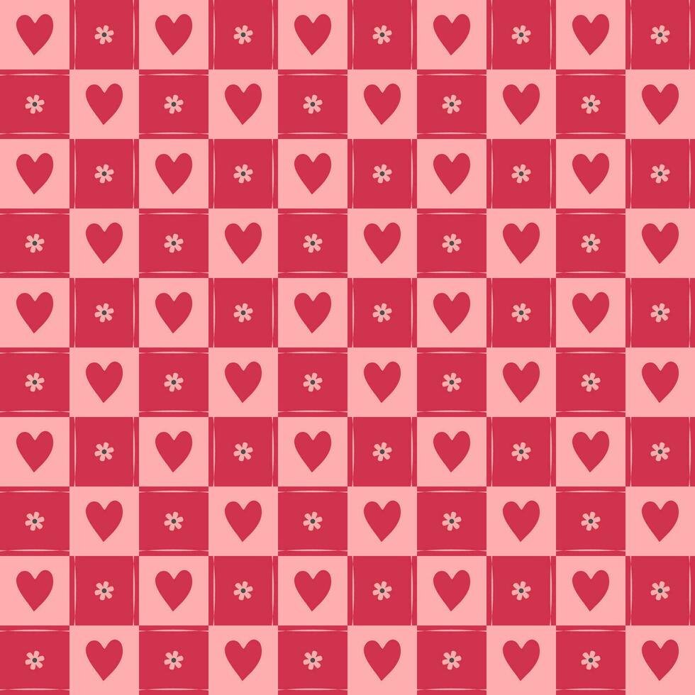 cute heart flower element Seamless red and pastel pink checkered pattern. Cartoon illustration, mat, cloth, textile, scarf, gift wrap vector