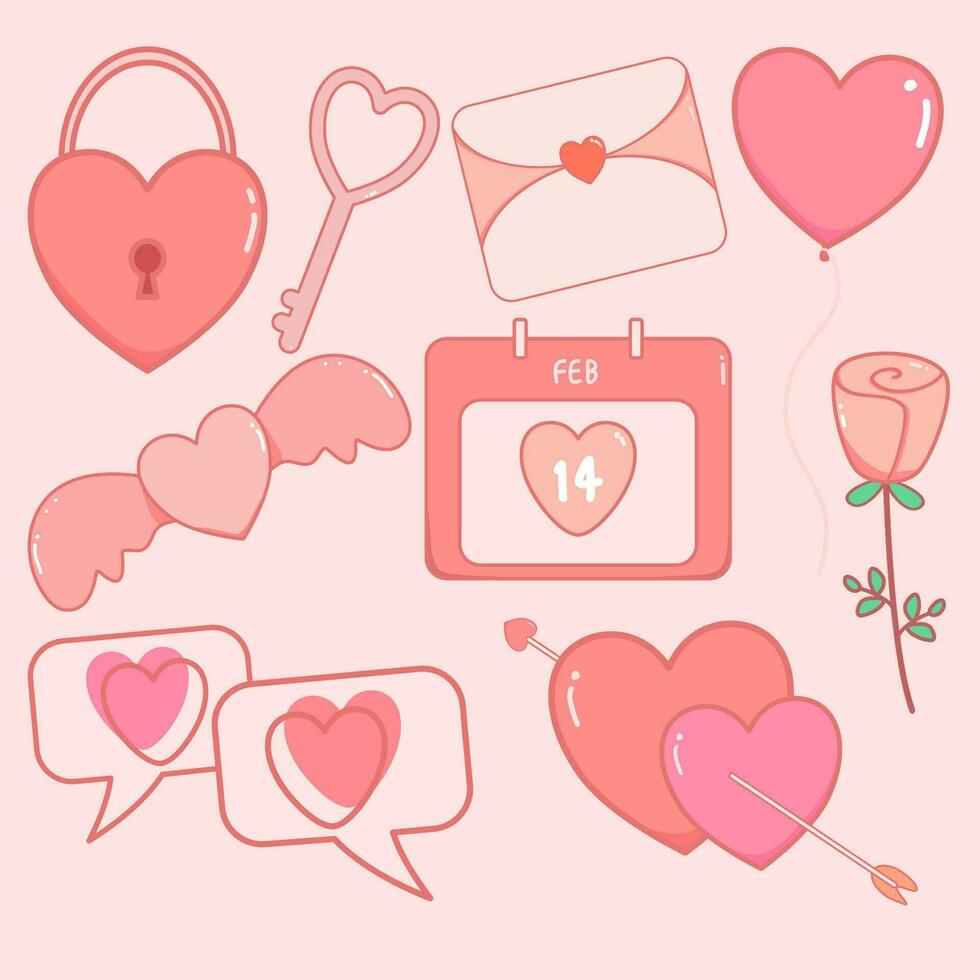 Cute pastel Valentine collection with hearts, balloons, heart arrows, roses, vector illustrations for icons, logos, stickers, printable.