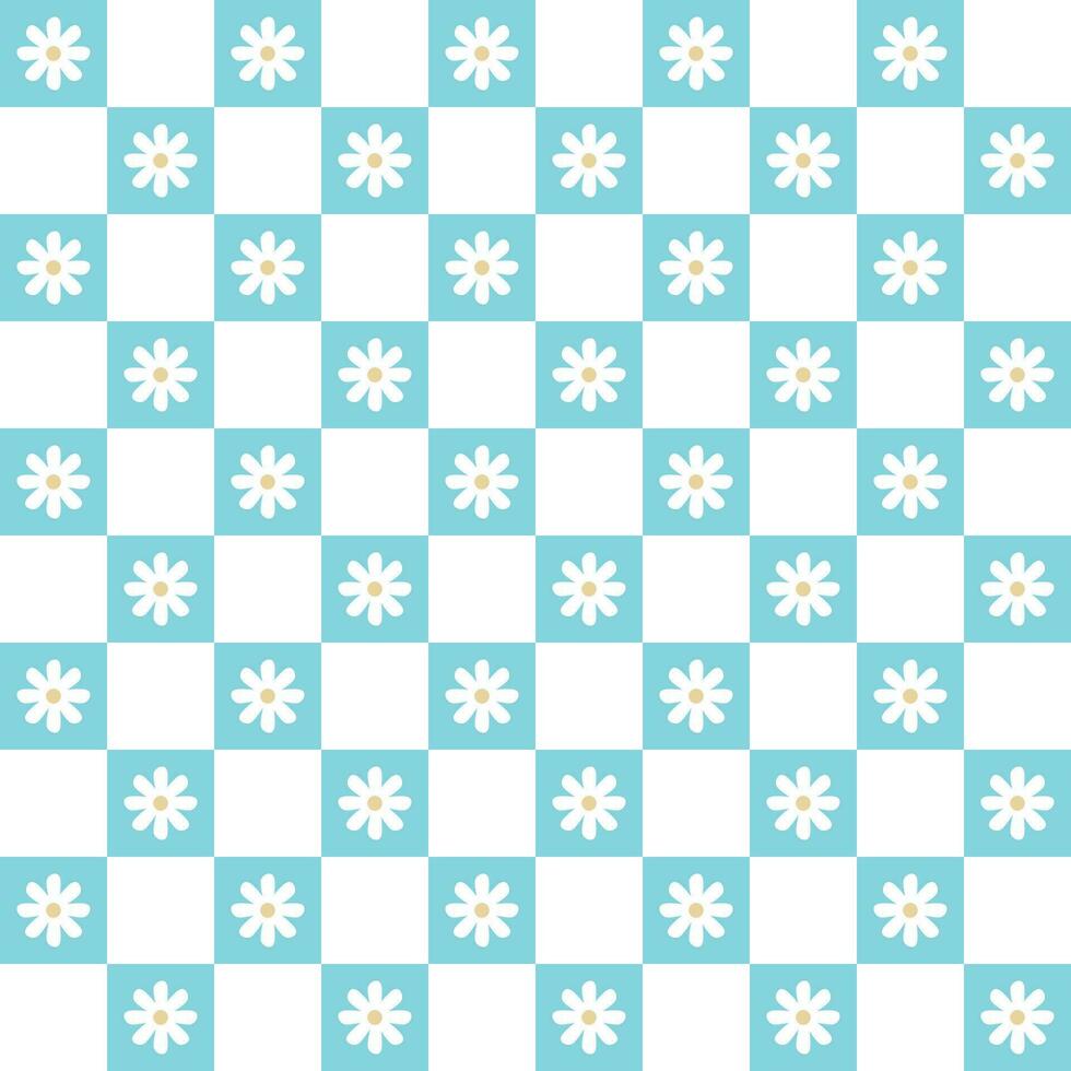 cute white daisy flower element Pastel background, checkered pattern, checkered pattern, seamless pattern. Cartoon illustration, mat, cloth, texture, scarf, wrapping paper. vector