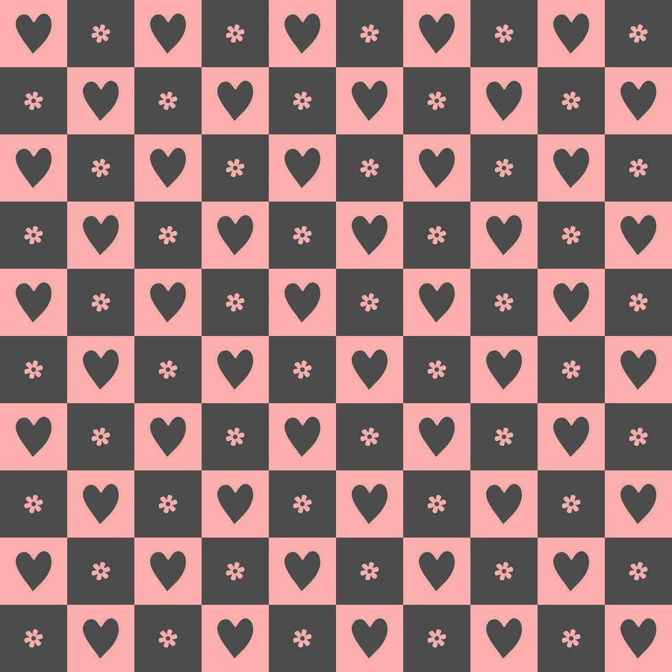 cute heart flower element Black and pink checkered pattern Cartoon illustration, mat, cloth, textile, scarf, gift wrap vector