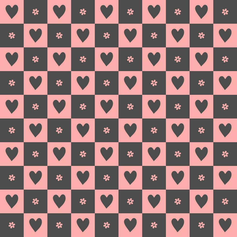 cute heart flower element Black and pink checkered pattern Cartoon illustration, mat, cloth, textile, scarf, gift wrap vector