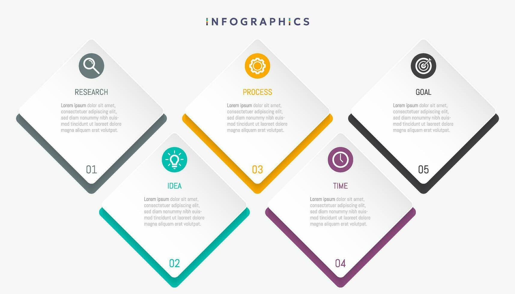Modern business infographic template, square shape with 5 options or steps icons. vector