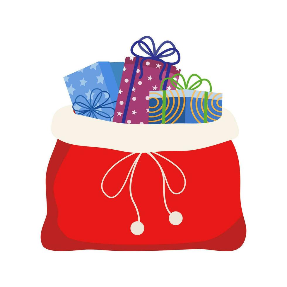 Red bag Santa Claus. Large sack holiday for gifts. Big bagful for New Year and Christmas vector. vector