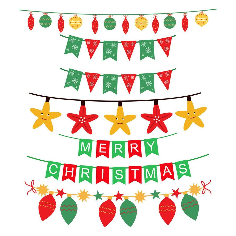 Christmas vector banners, garlands, and decoration set. Happy New Year party flags and lights.