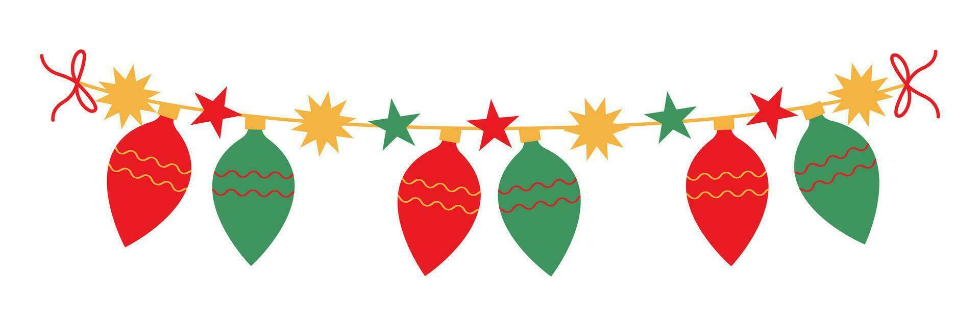 Navidad luces, fiesta banderas, y juguete decoraciones vector ilustración plano contento nuevo año.