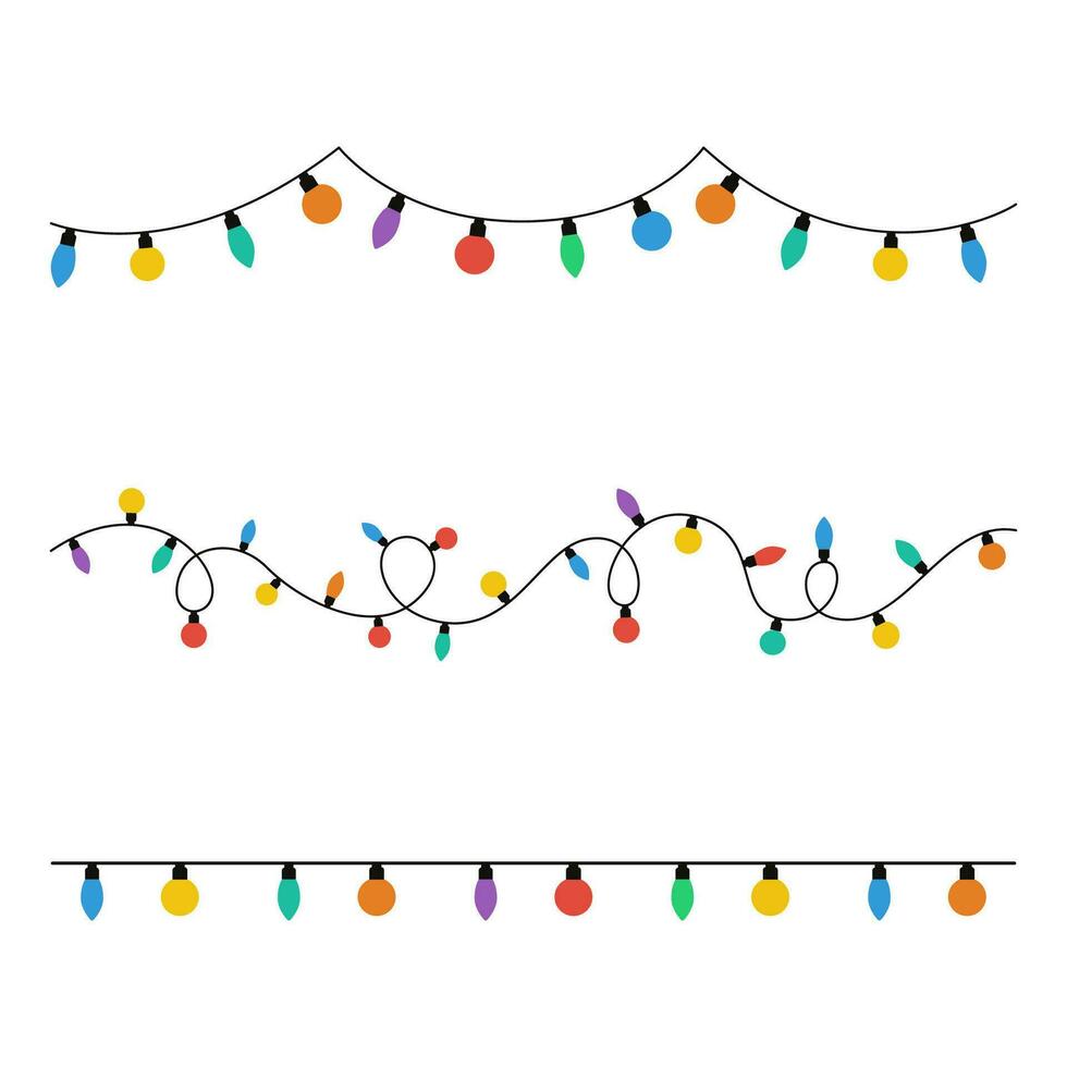 Christmas lights set on a white background. Garlands with colored bulbs. Vector illustration. Happy New Year decoration. Colorful lights.