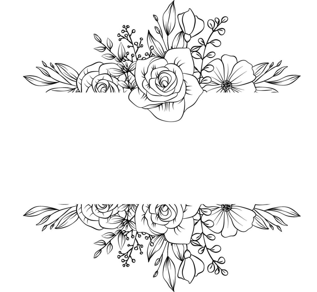 Hand drawn Botanical vector illustration. Black and white flower bouquet, floral sketch