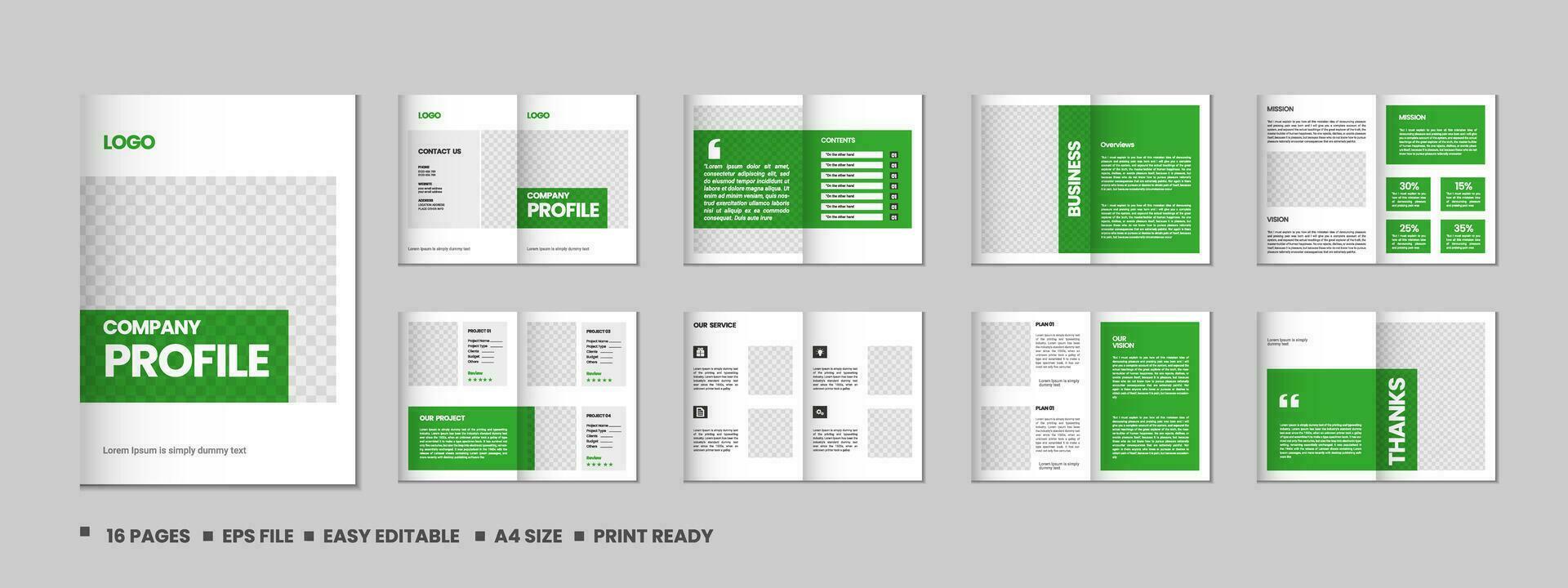 empresa perfil, multi página volantes folleto, dieciséis paginas portafolio revista, anual informe, catalogar y a4 multi página modelo diseño vector