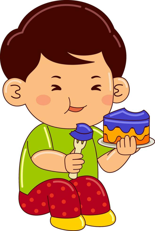 cute boy kids eating vector illustration