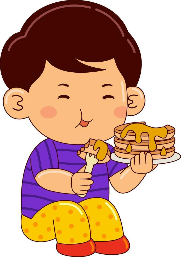 linda chico niños comiendo vector ilustración