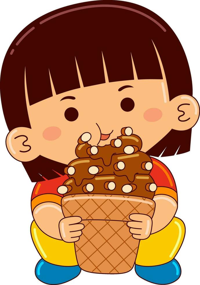 linda niña niños comiendo postre vector