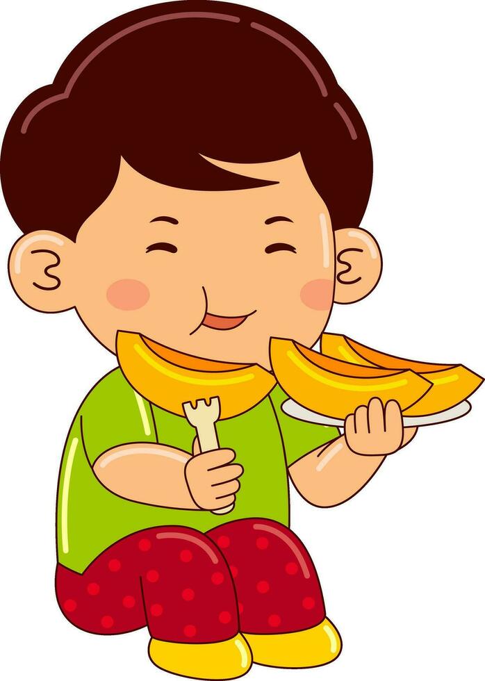 cute boy kids eating vector illustration