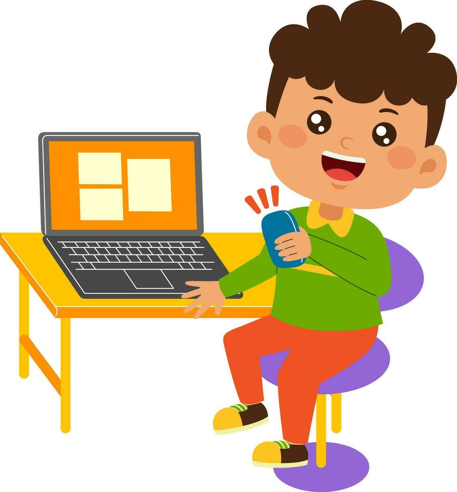 cute little kid boy use laptop vector