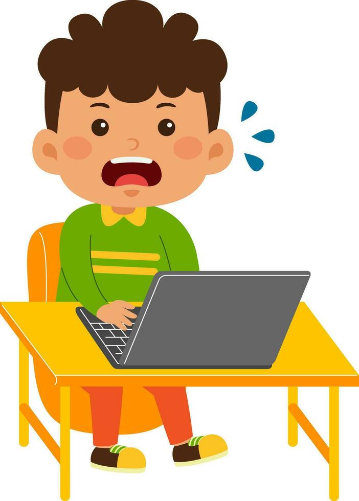 linda pequeño niño chico utilizar ordenador portátil vector