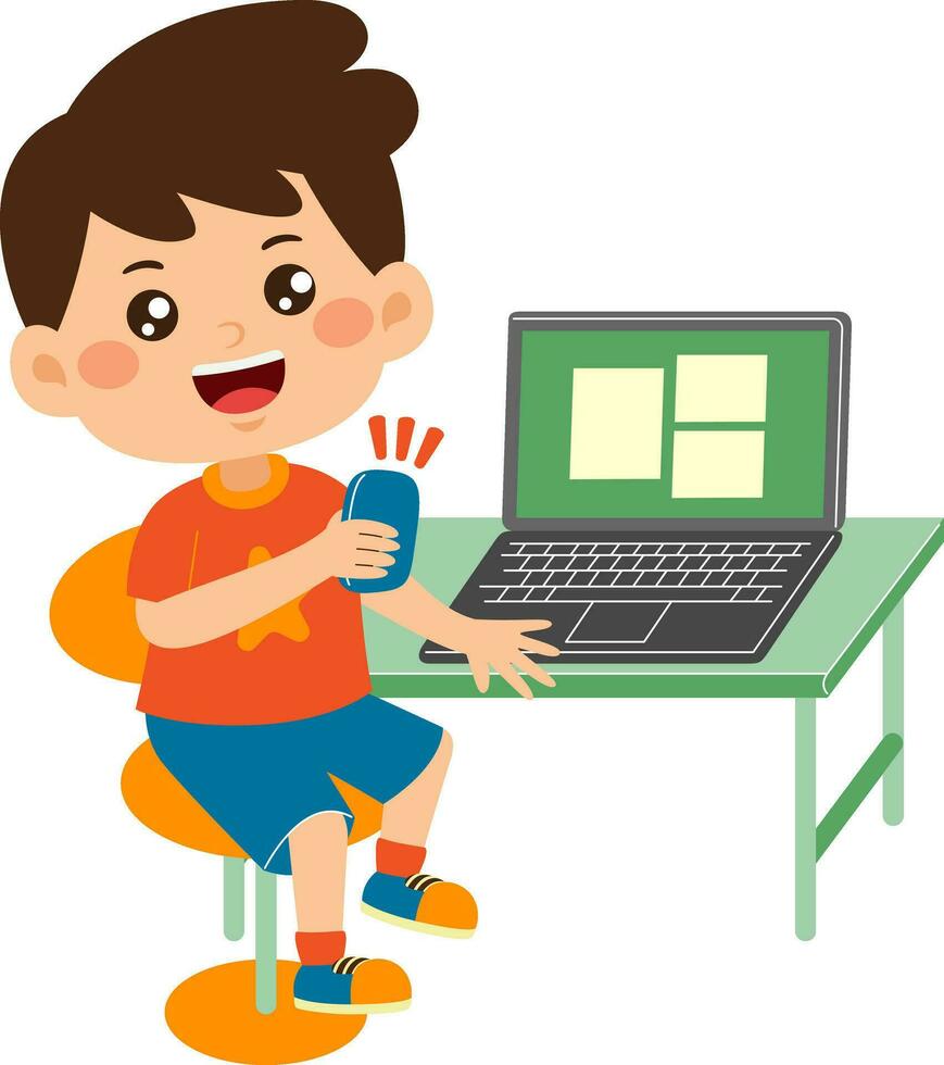 cute little kid boy use laptop vector